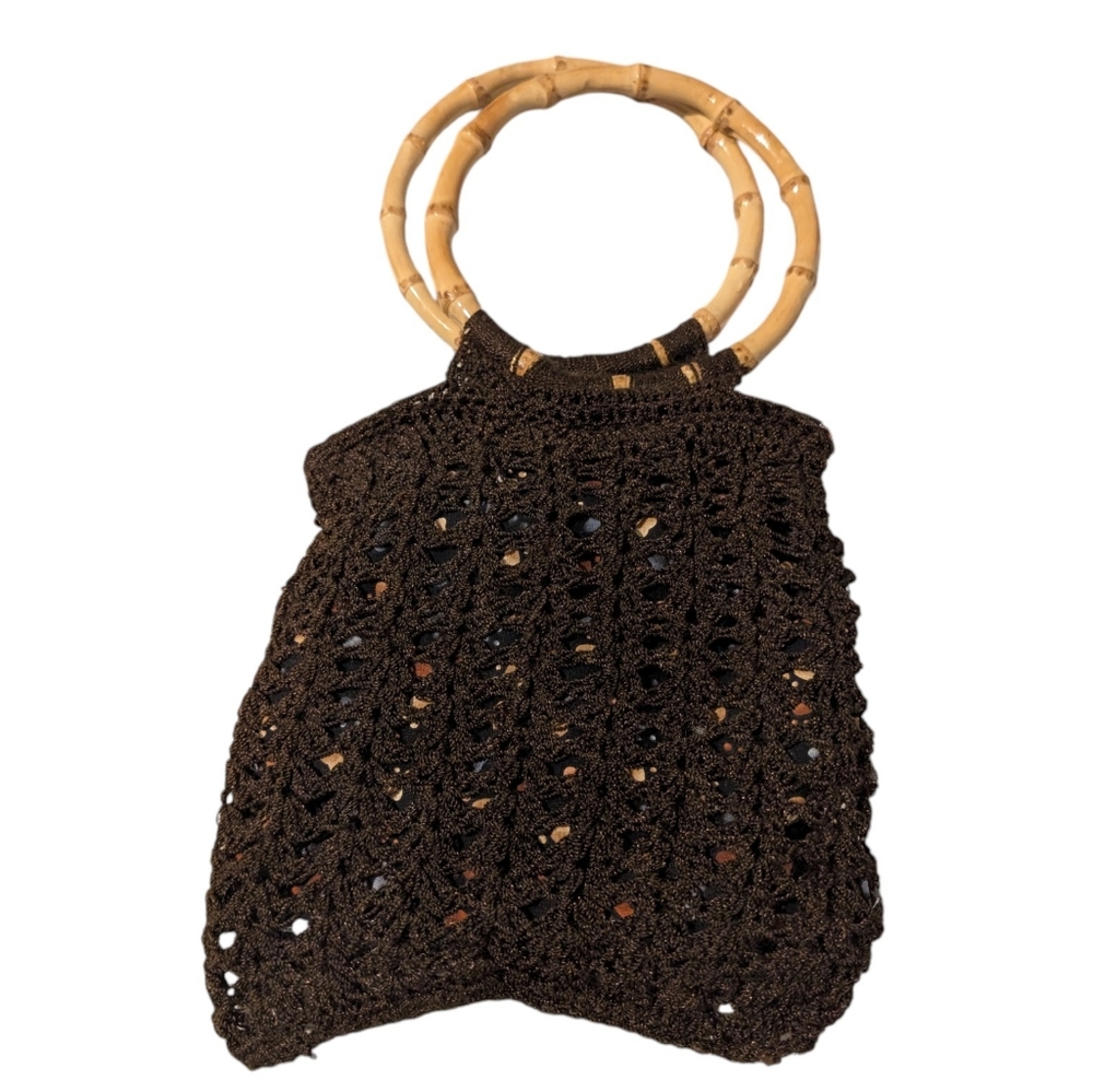 vintage Boho Macrame Crochet‎ Wooden Ring Handle Handbag Purse Brown